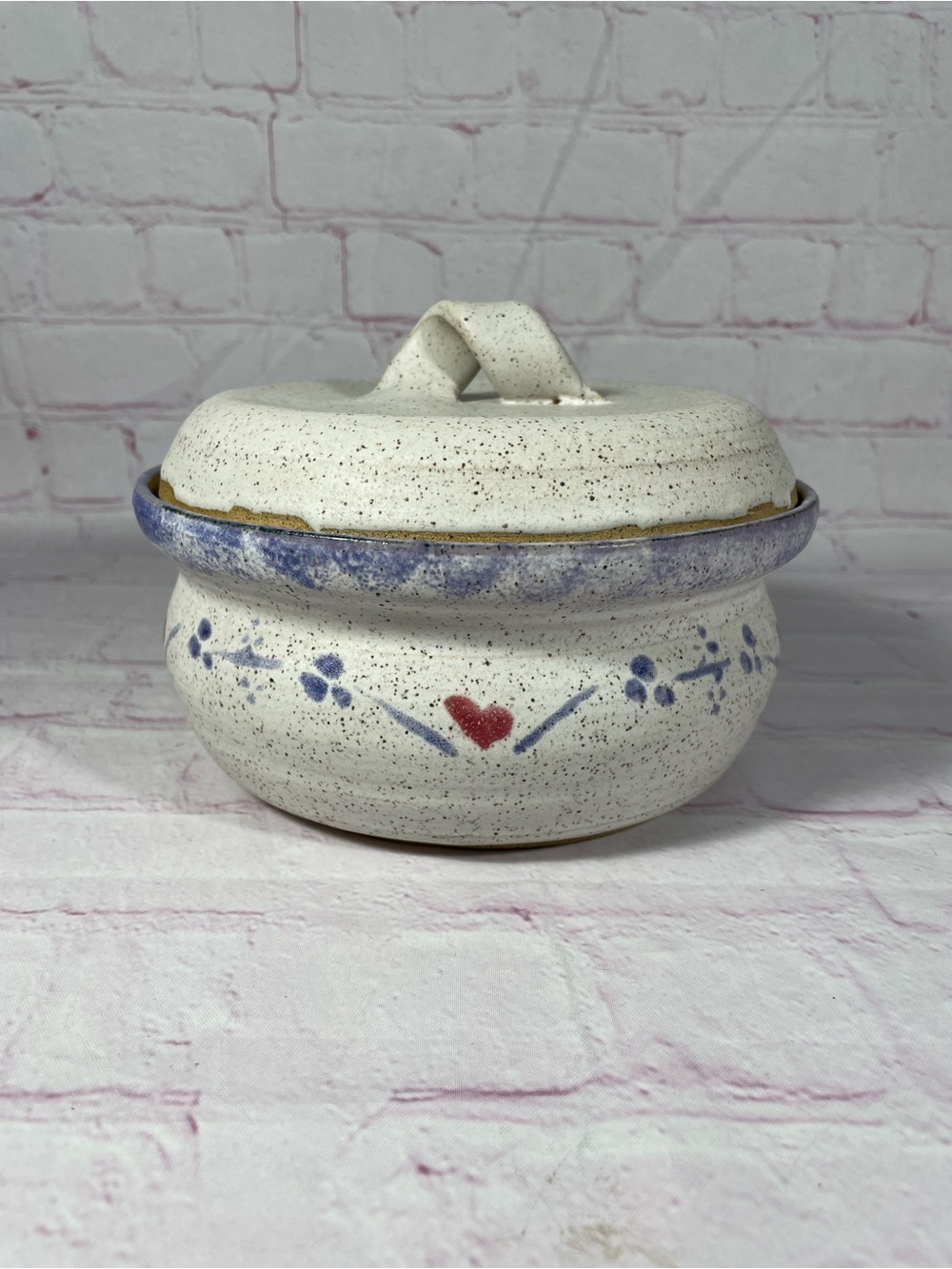 Vintage Hand Thrown Speckled Stoneware Hand Painted Covered Casserole Dish